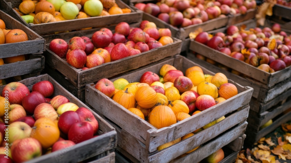 Wooden Crates Overflowing with Red Apples, Yellow Pumpkins, and Green Apples Wooden Crates Overflowing with Red Apples, Yellow Pumpkins, and Green Apples