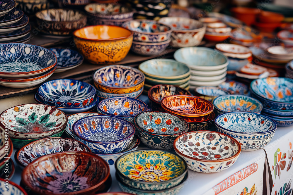 Fototapeta premium A vibrant display of hand-painted ceramic plates and bowls in a market stall, showcasing a variety of colorful patterns.