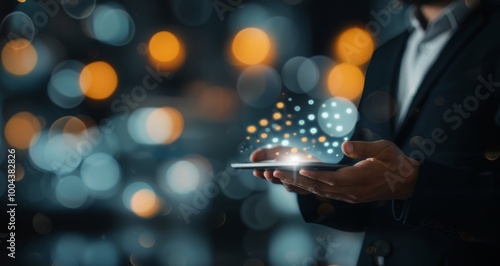 Person Using Tablet With Colorful Bokeh Effect in Modern Indoor Setting at Night