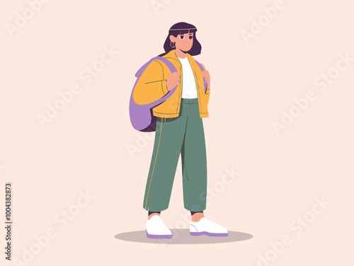 Young Woman with Backpack in Casual Outfit Illustration