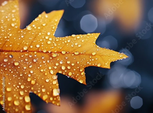 Autumn leaves covered in dew on a dark surface in a serene morning setting