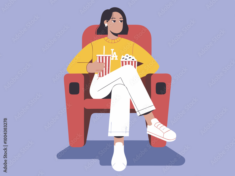 Woman in Theater Chair with Popcorn and Drink Illustration Woman in Theater Chair with Popcorn and Drink Illustration