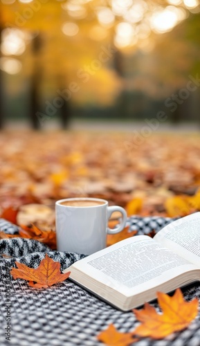 Cozy reading with a warm drink in a park filled with autumn leaves during the...