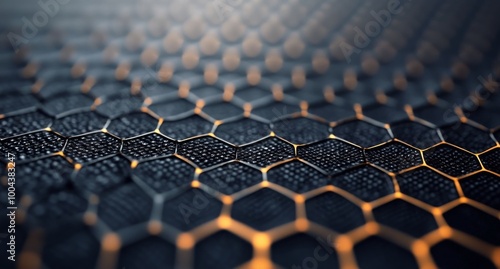 Hexagonal pattern of metallic mesh on a textured surface during golden hour