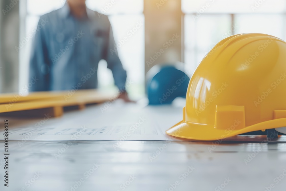Close-up of a yellow construction hard hat placed on a table with blueprints in the background, with a worker standing out of focus. Close-up of a yellow construction hard hat placed on a table with blueprints in the background, with a worker standing out of focus.