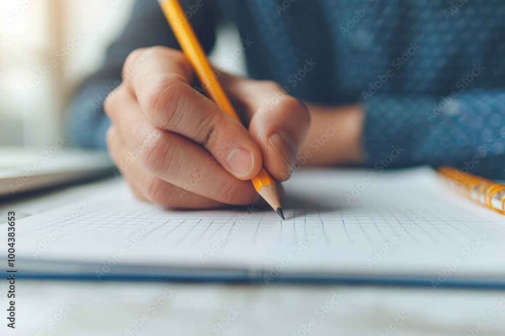 Close-up of a hand holding a yellow pencil writing on a graph paper notebook, showing focus on a learning or working activity. Close-up of a hand holding a yellow pencil writing on a graph paper notebook, showing focus on a learning or working activity.