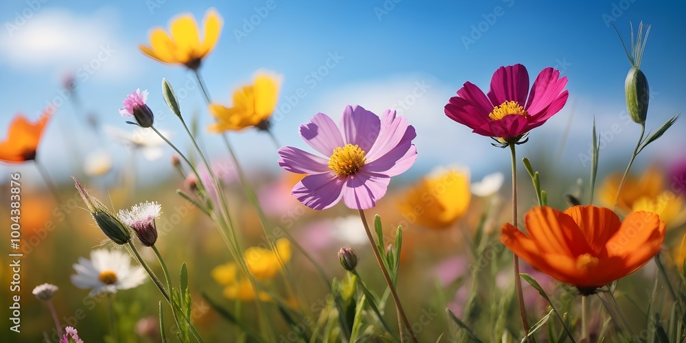 colorful wildflowers in a meadow with a soft breeze slightly moving the petals, creating a serene and lively atmosphere colorful wildflowers in a meadow with a soft breeze slightly moving the petals, creating a serene and lively atmosphere