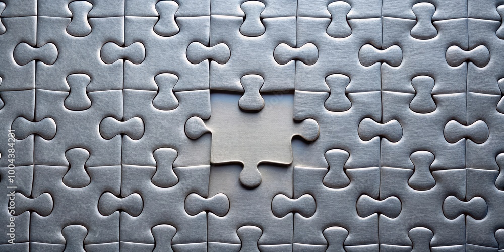 Grey jigsaw puzzle with one missing piece on the side for concept design