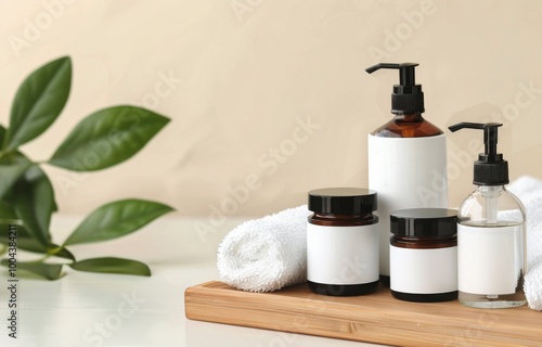 White Bottles on Wooden Tray in Bathroom