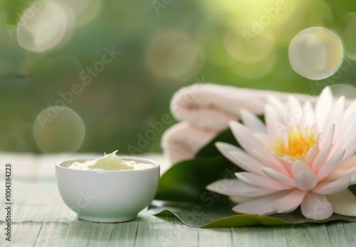 Relaxing Spa Setting With Cream, Towel, and Water Lily Under Soft Natural Light