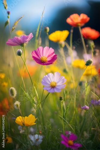 colorful wildflowers in a meadow with a soft breeze slightly moving the petals, creating a serene and lively atmosphere