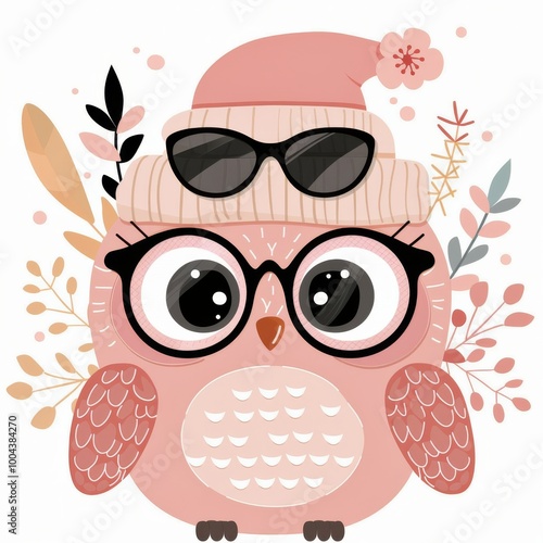 Cute Pink Owl Wearing Glasses and Beanie Surrounded by Floral Elements