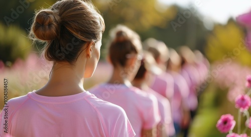 Women Walking Together in Pink Shirts Through a Flower Garden on a Bright Day