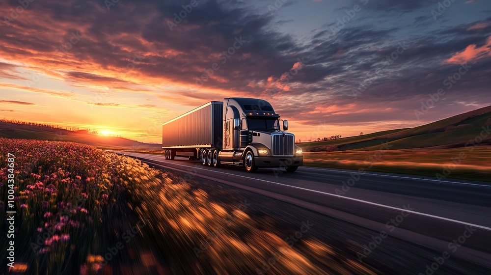 Truck driving on a highway at sunset. Truck driving on a highway at sunset.