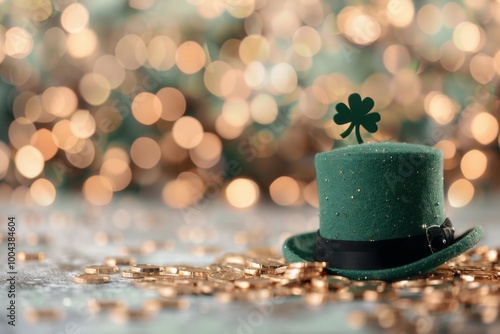 Green Leprechaun Hat With Coins Against a Blurred Festive Background