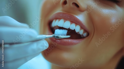 woman receiving dental cleaning smiling with a toothbrush in hand at a modern dentists office illustrating the importance of dental hygiene and care