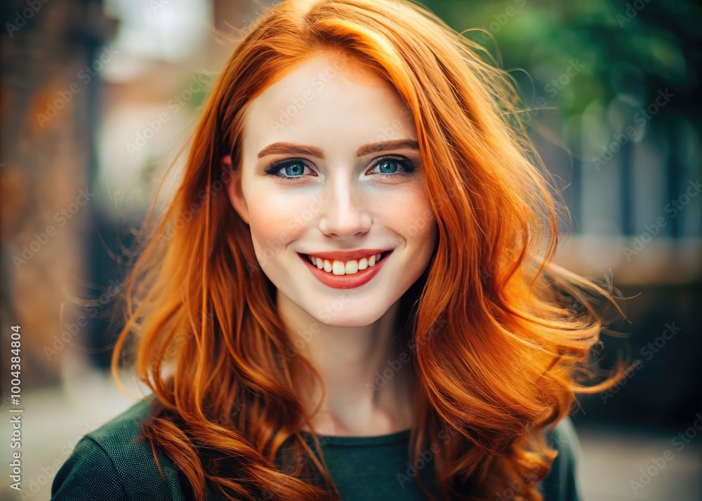 Young woman with bright ginger hair and a broad smile looking confidently into the camera lens Young woman with bright ginger hair and a broad smile looking confidently into the camera lens