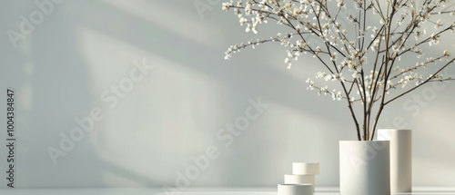 White Cubes With Pink Flowers and Sunlight