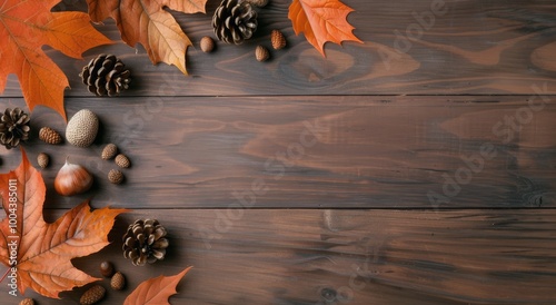 Autumn Leaves and Pinecones on Wooden Table