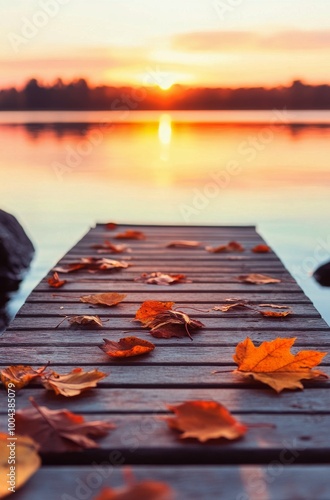 Serene autumn sunset over a lake with a wooden pier and colorful leaves