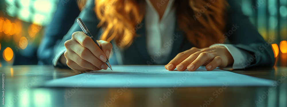 Obraz premium Businesswoman holding pen and documents during job interview. Businesswoman in suit sitting at desk.