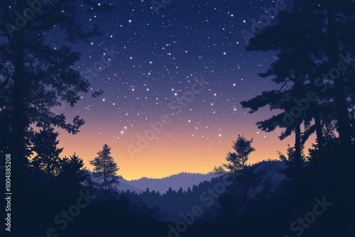 Silhouetted Trees Against a Starry Night Sky with a Twilight Horizon