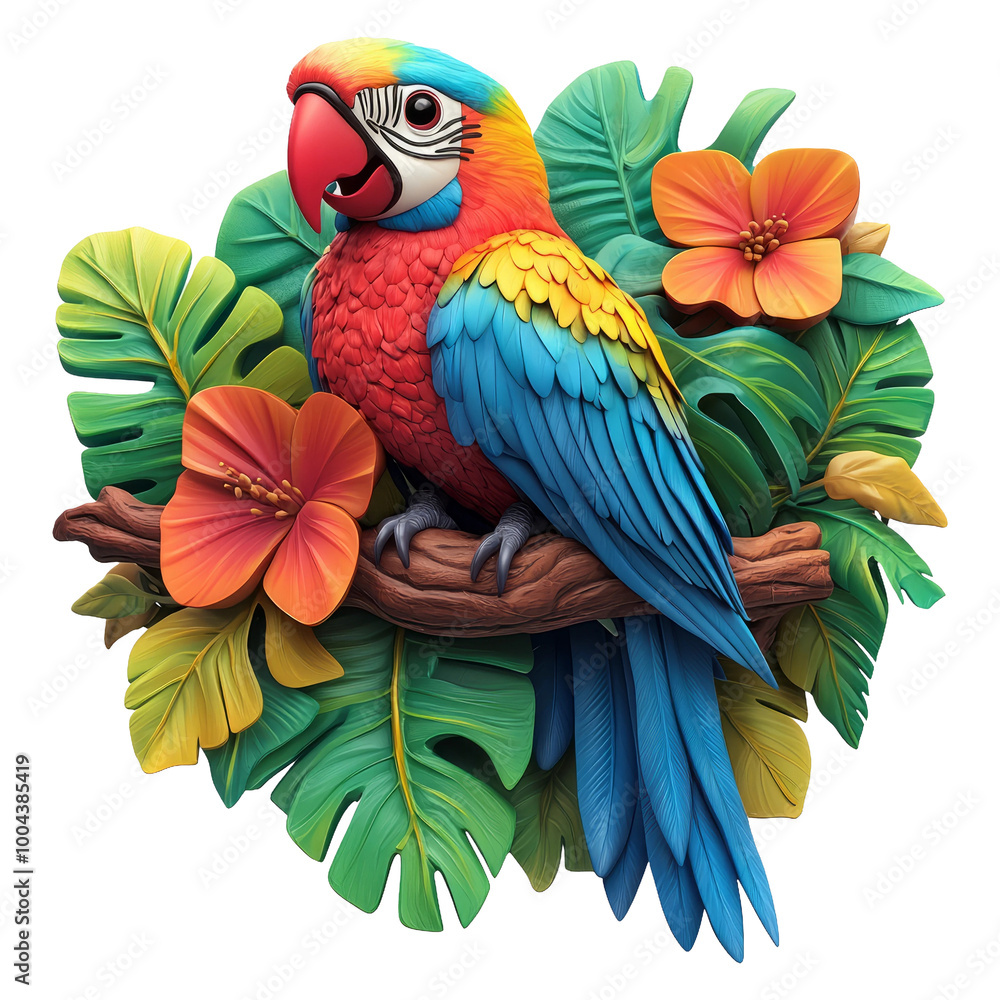 Fototapeta premium Vibrant Parrot with Tropical Foliage and Flowers on Transparent Background