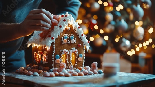 Person Decorates a Glowing Gingerbread House with Candy