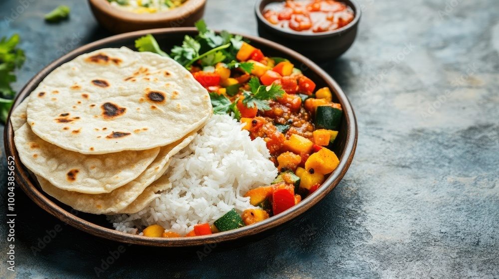 A balanced meal of roti, vegetables, and rice for Indian schoolchildren, with room for copy. A balanced meal of roti, vegetables, and rice for Indian schoolchildren, with room for copy.