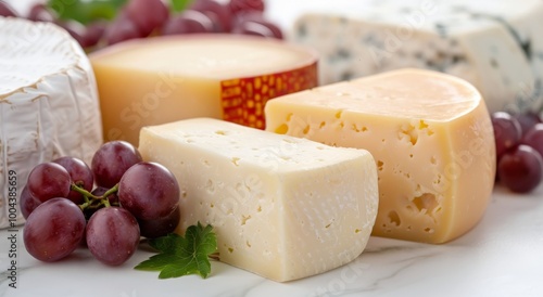Assorted Cheeses Display With Fresh Grapes On White Marble Surface