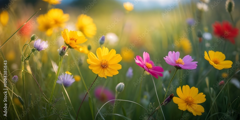 Obraz premium colorful wildflowers in a meadow with a soft breeze slightly moving the petals, creating a serene and lively atmosphere