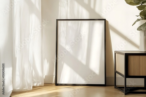 Blank picture frame leaning on a wooden wall in the living room, mockup photo