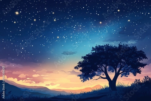 Silhouette of a Tree Against a Starry Night Sky and a Sunset Horizon