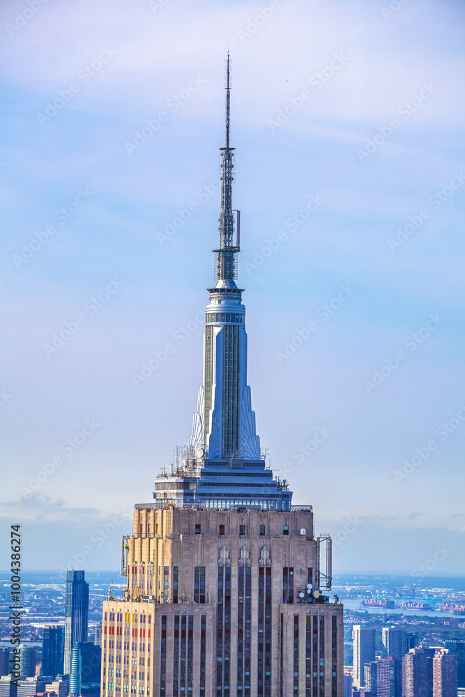 Iconic skyscraper landmark in New York city tower top and spire view
