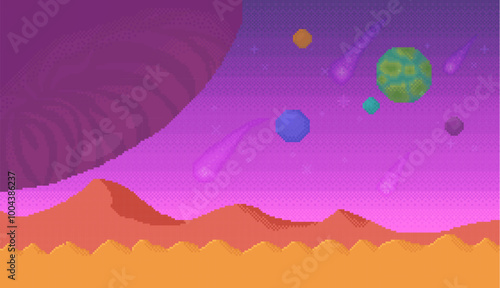 Outer space scene with a desolate orange landscape, purple and pink sky, planets in the background and asteroids. Ideal for sci-fi, space exploration, desert planet theme, gaming, and futuristic