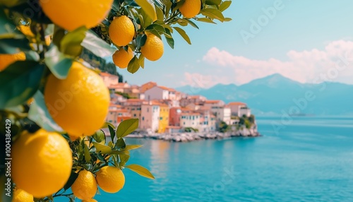 Wallpaper Mural A vibrant scene featuring fresh lemons hanging over a serene coastal town with mountains in the background under a clear sky. Torontodigital.ca