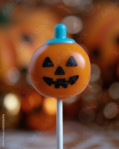 Halloween Pumpkin Lollipop With Jack-O'-Lantern Face Against Blurred Festive ...