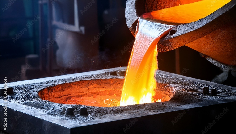 Molten metal being poured into a mold in a foundry, industrial ...