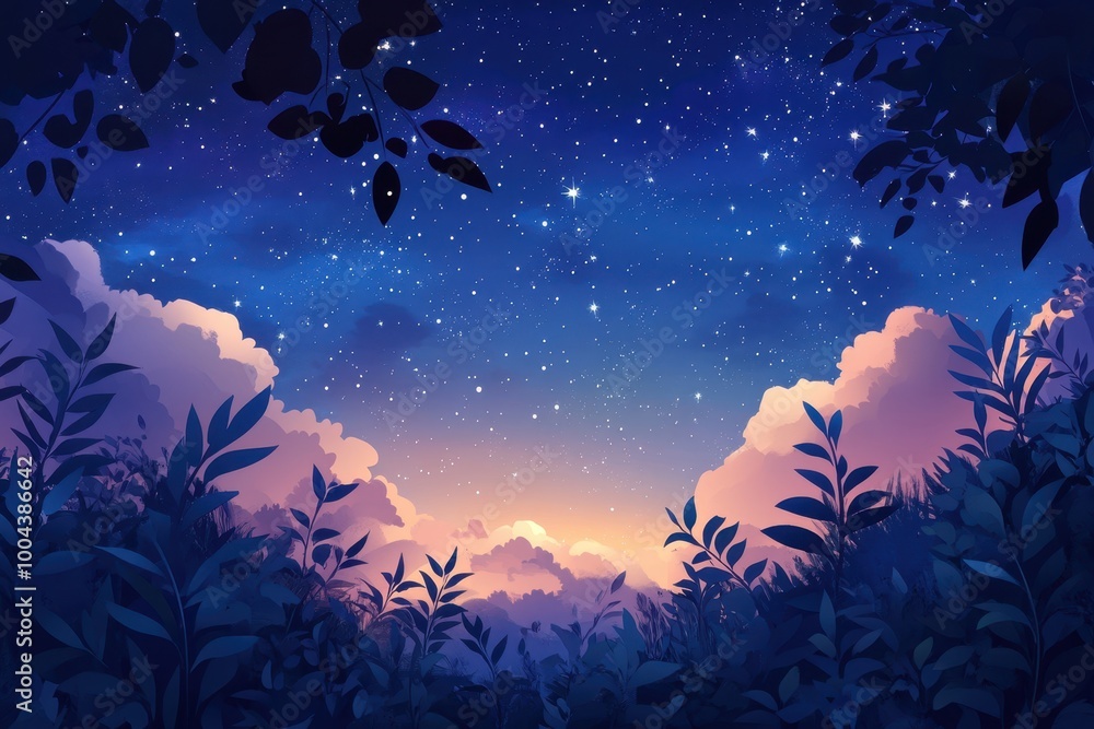 Starry Night Sky with Silhouette of Foliage Starry Night Sky with Silhouette of Foliage