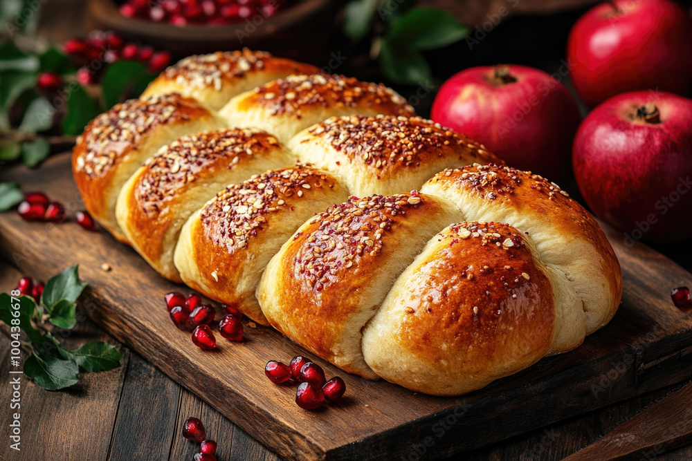 Traditional Challah Bread With apples and pomegranate for Rosh Hashanah Traditional Challah Bread With apples and pomegranate for Rosh Hashanah