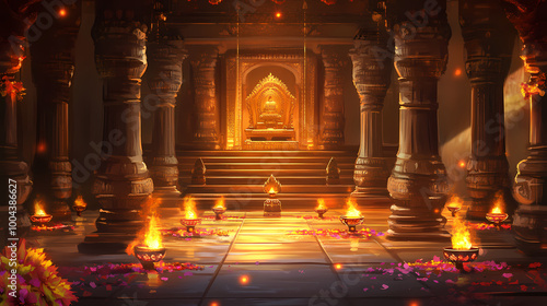 Diwali ancient hindu temple interior background. Hindu Temple. Illustration