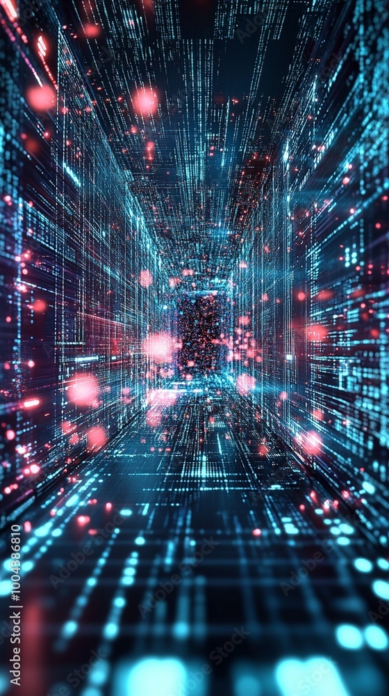 Futuristic digital matrix landscape with glowing blue data streams and vibrant red energy pulses, depicting a high-tech virtual reality or cyberspace environment. Futuristic digital matrix landscape with glowing blue data streams and vibrant red energy pulses, depicting a high-tech virtual reality or cyberspace environment.