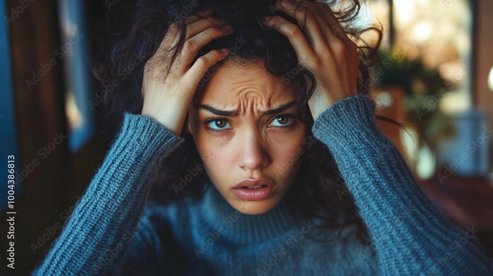 Close-up portrait of a woman with an intense, worried expression, hands in her dark curly hair, wearing a blue sweater, conveying stress and anxiety. Close-up portrait of a woman with an intense, worried expression, hands in her dark curly hair, wearing a blue sweater, conveying stress and anxiety.