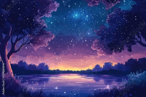 Tranquil Nighttime Landscape with a Starry Sky and a Lake