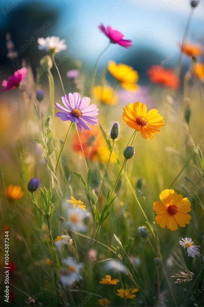 colorful wildflowers in a meadow with a soft breeze slightly moving the petals, creating a serene and lively atmosphere colorful wildflowers in a meadow with a soft breeze slightly moving the petals, creating a serene and lively atmosphere