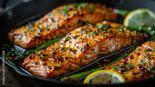A tasty low carb breakfast featuring healthy baked salmon steaks with greens and asparagus served in a black cast iron skillet deliciously showcased.