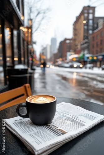 Coffee on a table beside a newspaper in a rainy street setting during early m...