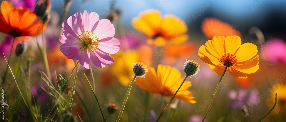 colorful wildflowers in a meadow with a soft breeze slightly moving the petals, creating a serene and lively atmosphere colorful wildflowers in a meadow with a soft breeze slightly moving the petals, creating a serene and lively atmosphere