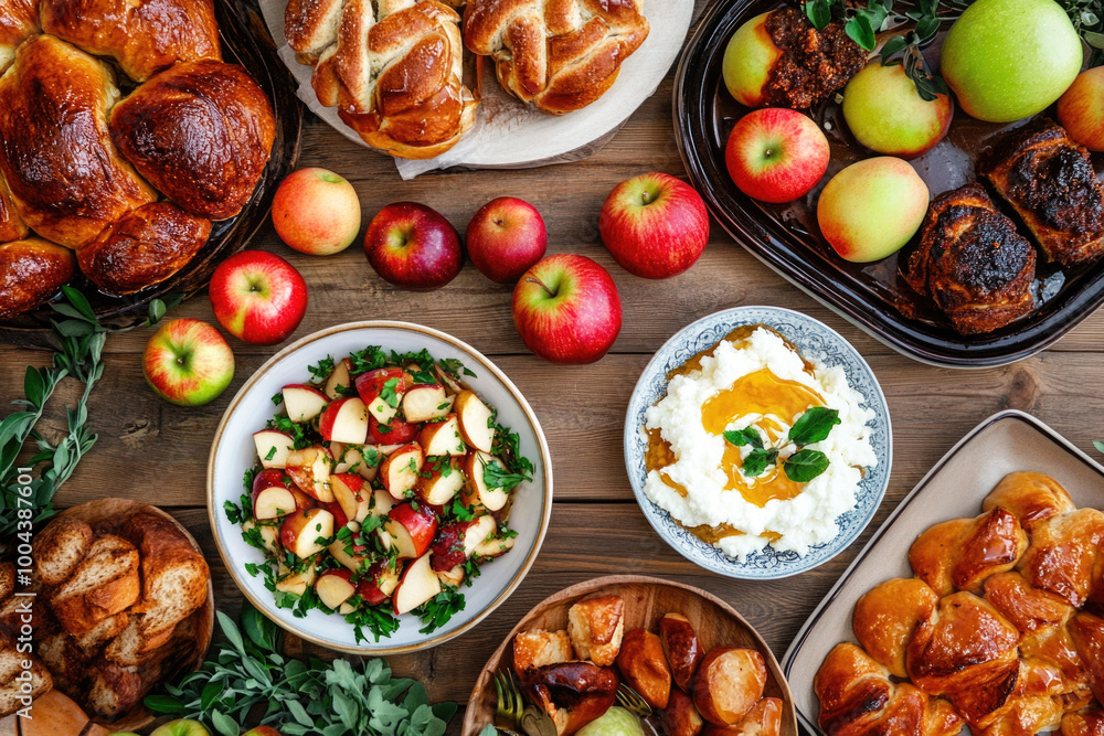 Traditional festive table with plenty of food for Rosh Hashanah dinner, Jewish new year Traditional festive table with plenty of food for Rosh Hashanah dinner, Jewish new year