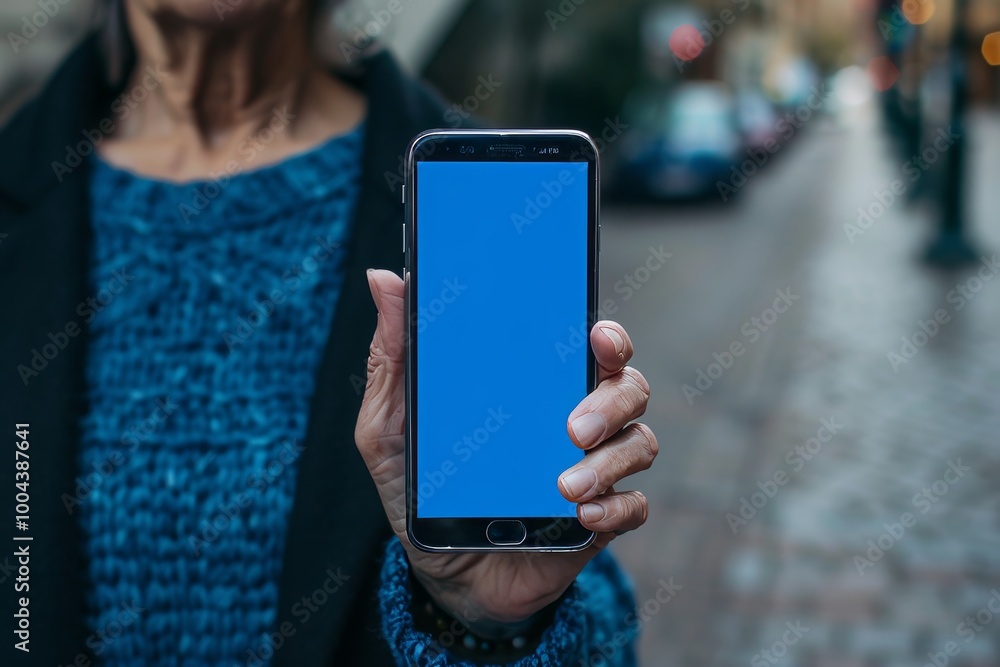 App display caucasian woman in her 50s holding an smartphone with an entirely blue screen App display caucasian woman in her 50s holding an smartphone with an entirely blue screen